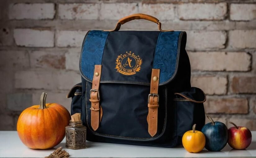 Sac à dos Harry Potter style cartable, bleu marine et cuir, orné d'un blason doré brodé.