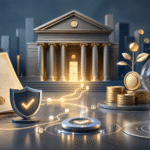 Illustration 3D symbolique d’une banque centrale, de documents d’investissement et du transfert futur de dividendes d’un non-résident.