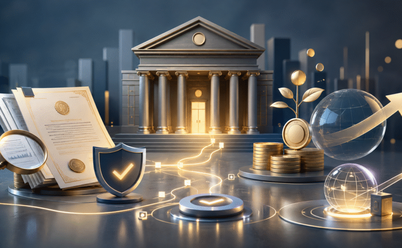 Illustration 3D symbolique d’une banque centrale, de documents d’investissement et du transfert futur de dividendes d’un non-résident.