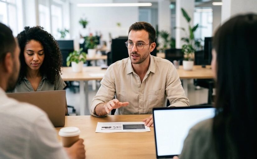 Quatre professionnels réunis autour d'une table de travail avec laptops et documents dans un bureau lumineux