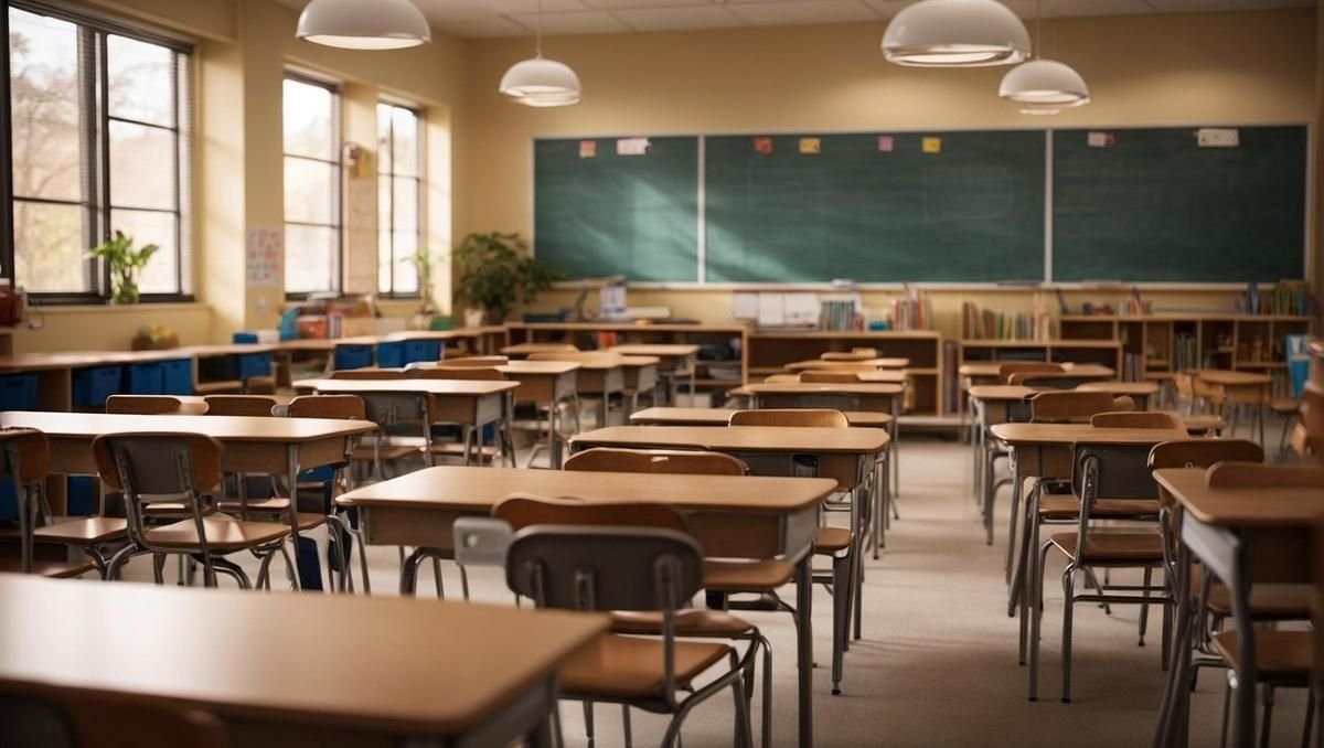Salle de classe avec bureaux, chaises, tableau noir, fenêtres, luminaires, et rangements Salle de classe avec bureaux, chaises, tableau noir, fenêtres, luminaires, et rangements