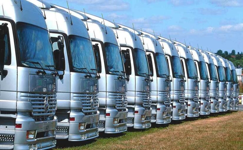 Une rangée de camions silverés alignés sur un terrain d'herbe