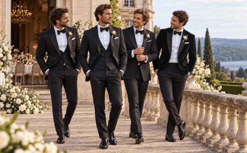 Quatre hommes élégants en smoking noir et nœud papillon marchant sur une terrasse lors d'un mariage prestigieux.