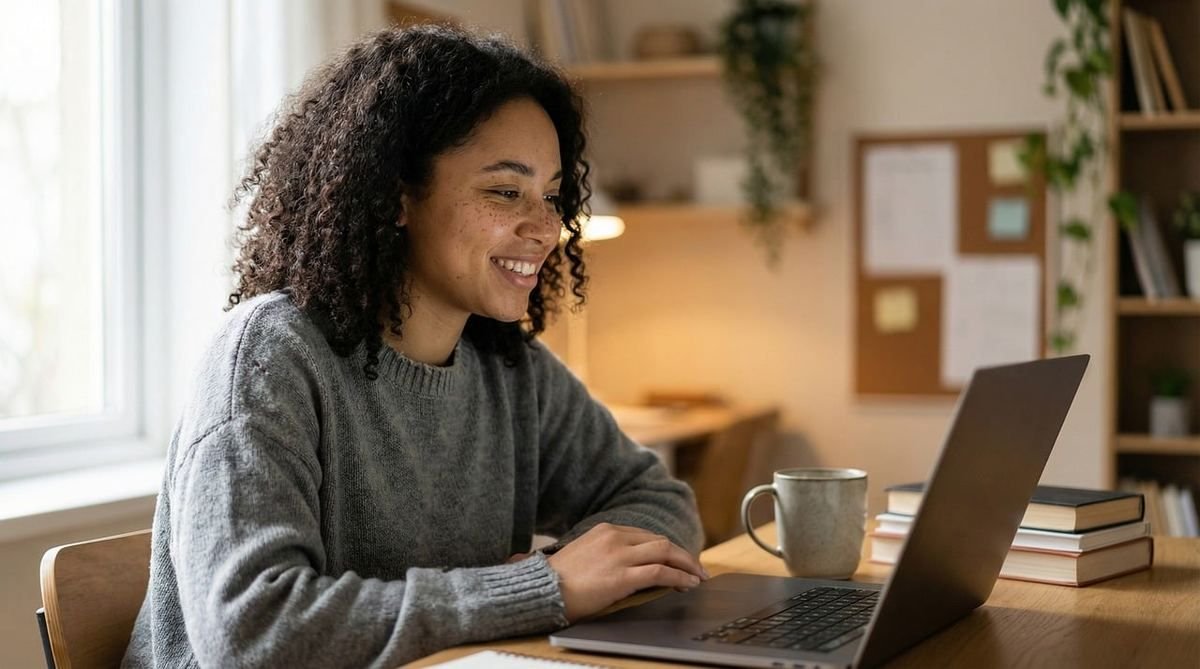 Une femme souriante travaille sur son ordinateur portable à la lumière naturelle
