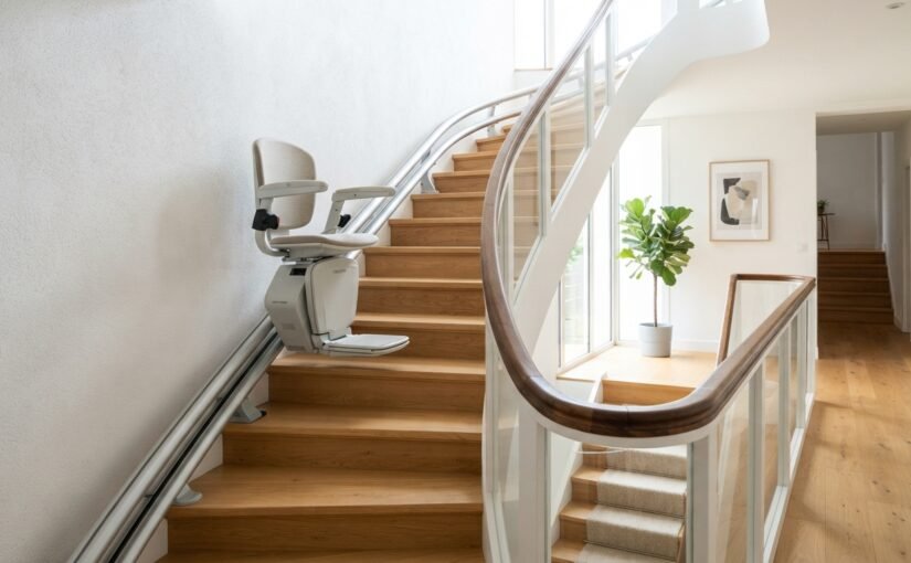 Monte-escalier moderne sur un escalier tournant, maison lumineuse